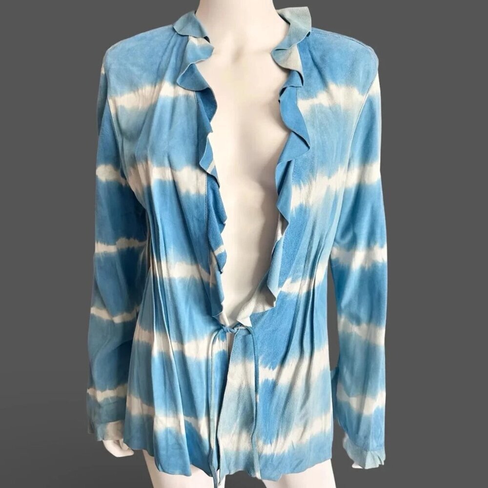Vintage FENDI Suede Leather Blue White Stripe Tie Dye Ruffle Jacket Sz 46 M/L